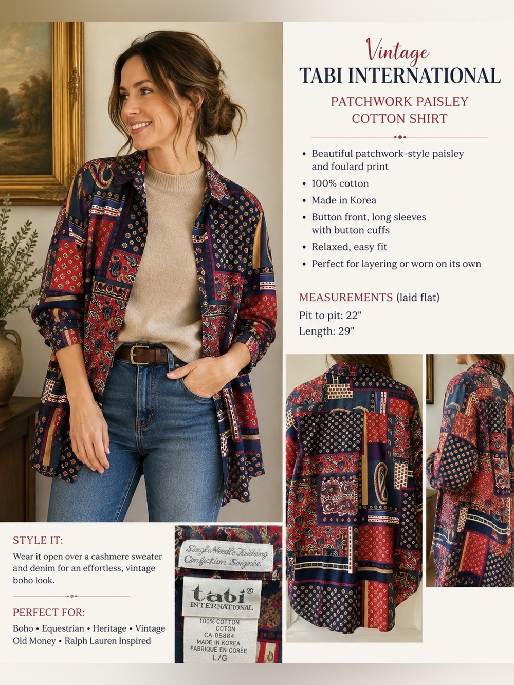 Vintage Tabi International Patchwork Paisley Cotton Shirt Blouse L 90s Boho